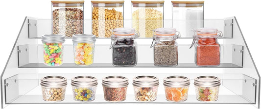 WUIVIUT Acrylic Tiered Spice Shelf Organizer, 3-Tier Transparent Countertop Spice Rack, 12.21 x 6.33 x 4.56 inches, Kitchen Pantry Storage