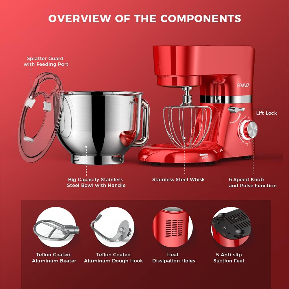 Stand Mixer, POWWA 7.5 QT Electric Mixer, 6+P Speed 660W Household Tilt-Head Kitchen Food Mixers with Whisk, Dough Hook, Mixing Beater & Splash Guard for Baking, Cake, Cookie, Kneading (Red)