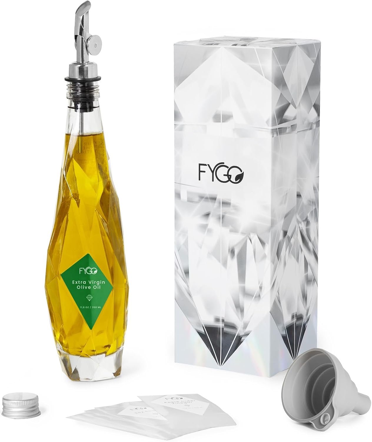 FYGO Diamond Lux Olive Oil Bottle Dispenser - 500ml Glass Container With Pourer and Funnel for Kitchen - Oil and Vinegar Set