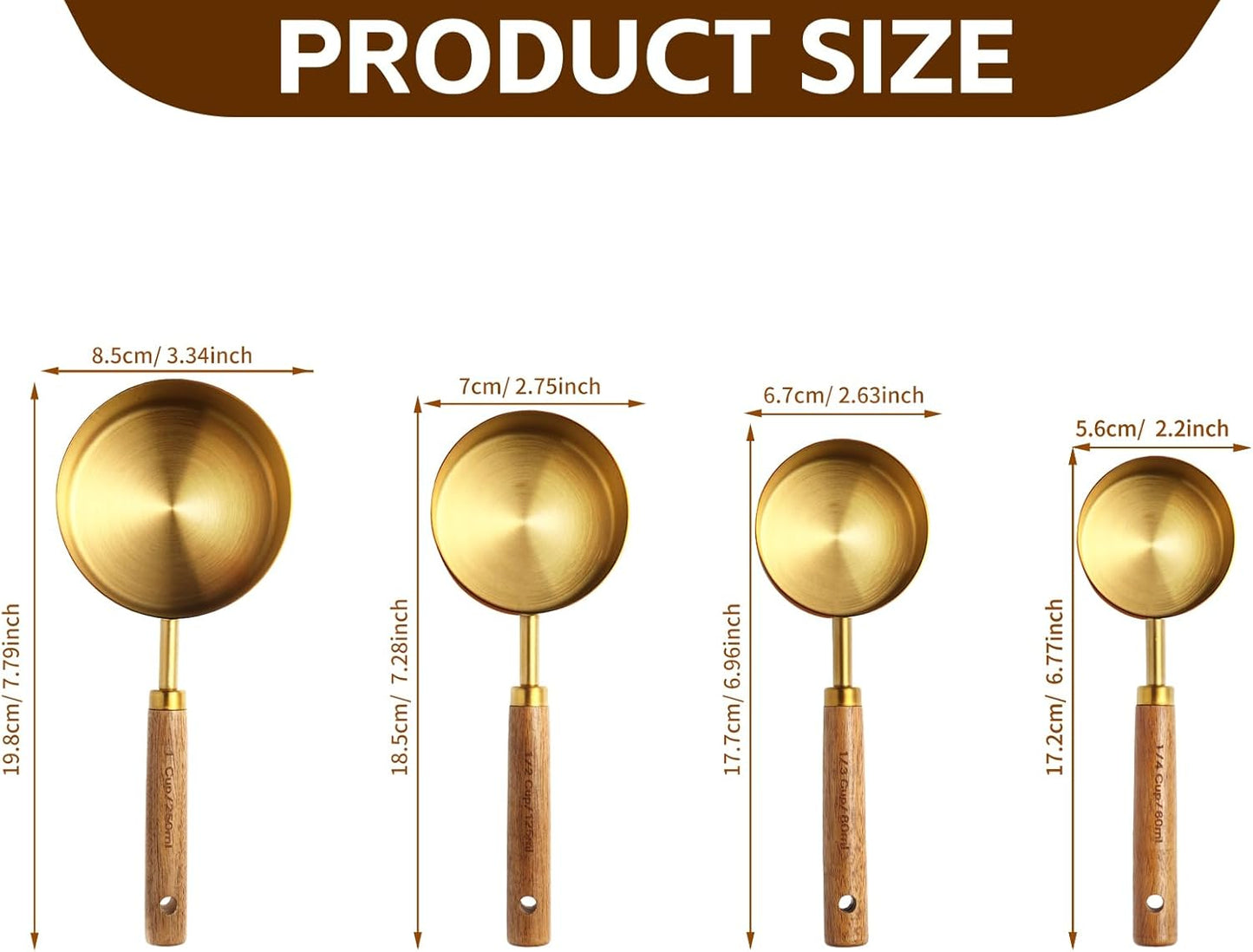 4 Piece gold measuring cups set，Golden Stainless Steel Measuring Cup and spoons set with Wooden Handle for Food/Liquid/Baking in the Kitchen