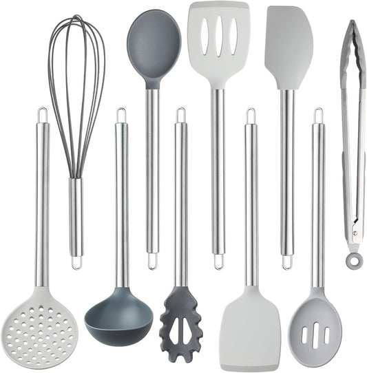COOK WITH COLOR Silicone Cooking Utensils, Kitchen Utensil Set, Easy to Clean Silicone Kitchen Utensils, Cooking Utensils for Nonstick Cookware, Kitchen Gadgets Set, 10 Pieces, Grey Ombre