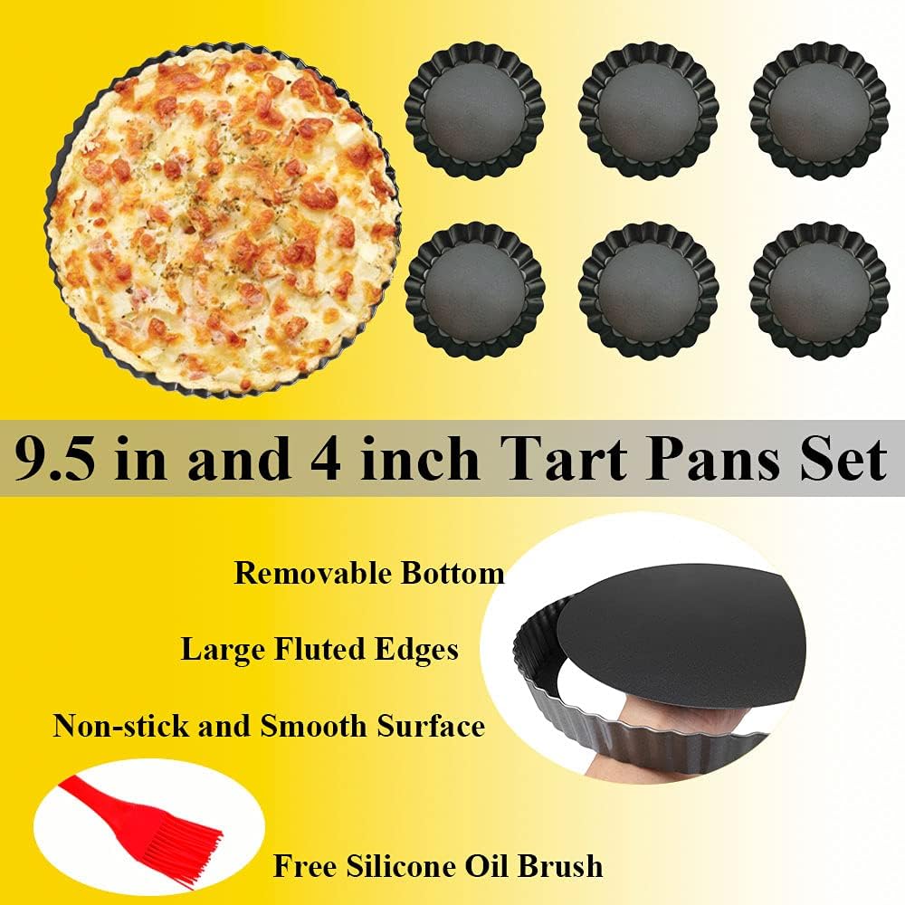DATANYA 7Packs Tart Pan 9 Inch Removable Bottom with 4 Inch Mini Tart Pans Non-Stick Loose Bottom Quiche Pan Heavy Duty Carbon Steel Pie Tart Pans for Mousse Cakes, Dessert Baking