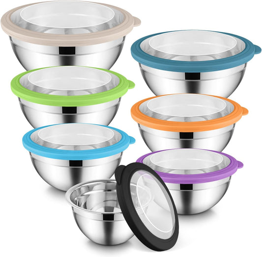 E-far Mixing Bowls Set of 7, Stainless Steel Mixing Bowls with Airtight Clear Lids, Metal Nesting Bowls for Kitchen Prep, Baking, Serving, Dishwasher Safe, Size 4.6, 3.5, 3, 2, 1.5, 1, 0.7QT, Colorful