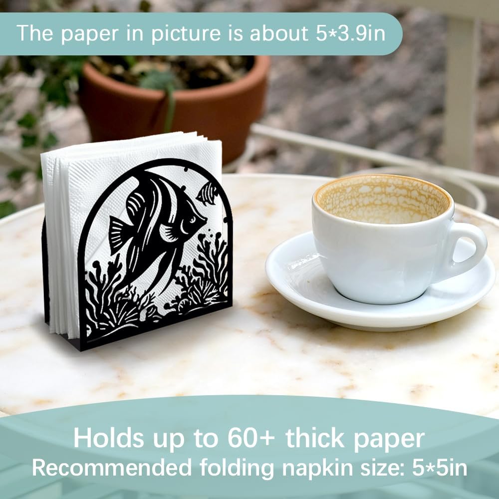Tropical Fish Decorative Black Metal Napkin Holder for Table, 4.9" x 4.9" x 1.9" Standing Napkin Holder for Home Kitchen Restaurant Picnic Party Coffee Bar Dining Room