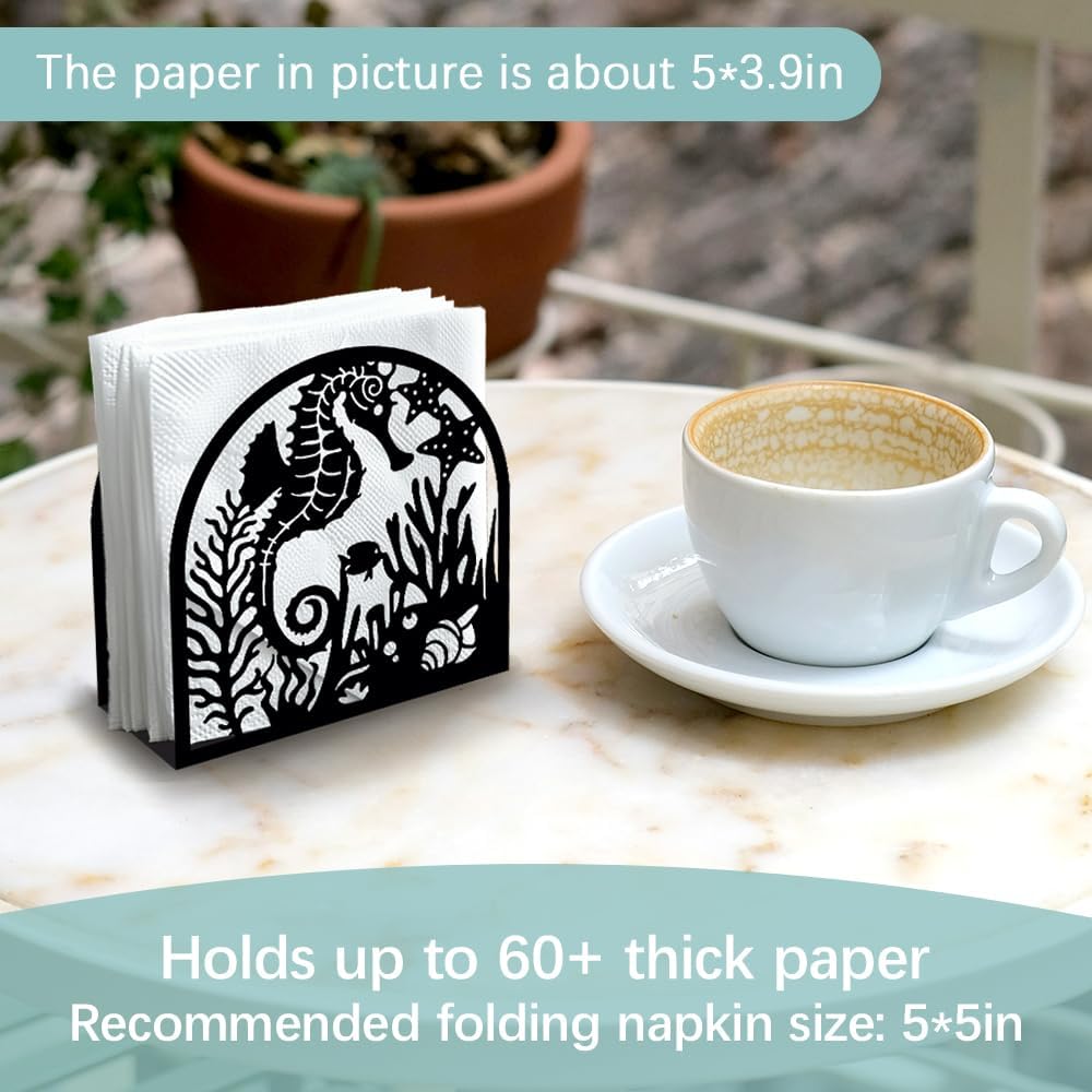 Seahorse and Coral Decorative Black Metal Napkin Holder for Table, 4.9" x 4.9" x 1.9" Ocean Standing Napkin Holder for Home Kitchen Restaurant Picnic Party Coffee Bar Dining Room