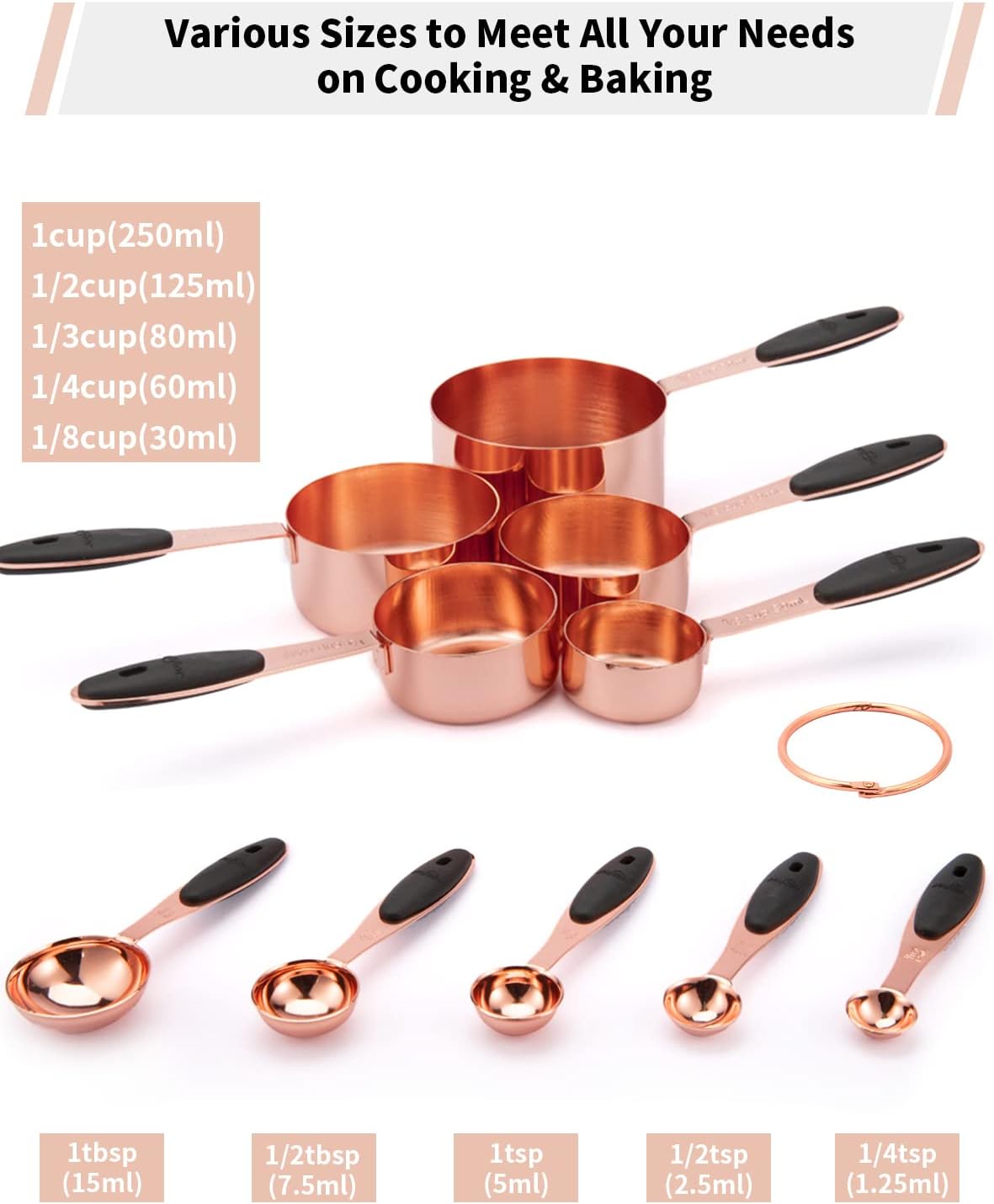 Joyhill Copper Measuring Cups and Spoons Set of 10 Piece, Stainless Steel Nesting Measuring Cup Set with Soft Touch Silicone Handles for Dry and Liquid Ingredients