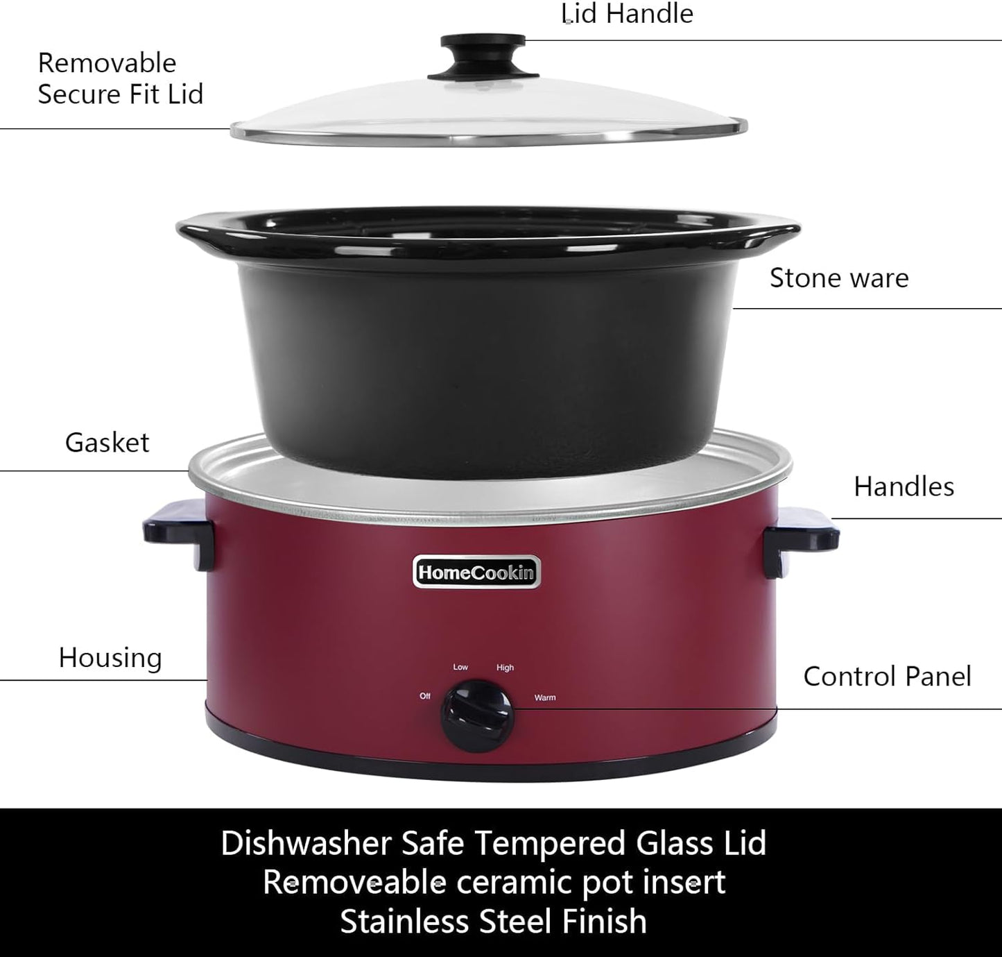 HOMECOOKIN 8 Quart Slow Cooker Oval Manual Pot Food Warmer with 3 Cooking Settings, Red Stainless Steel