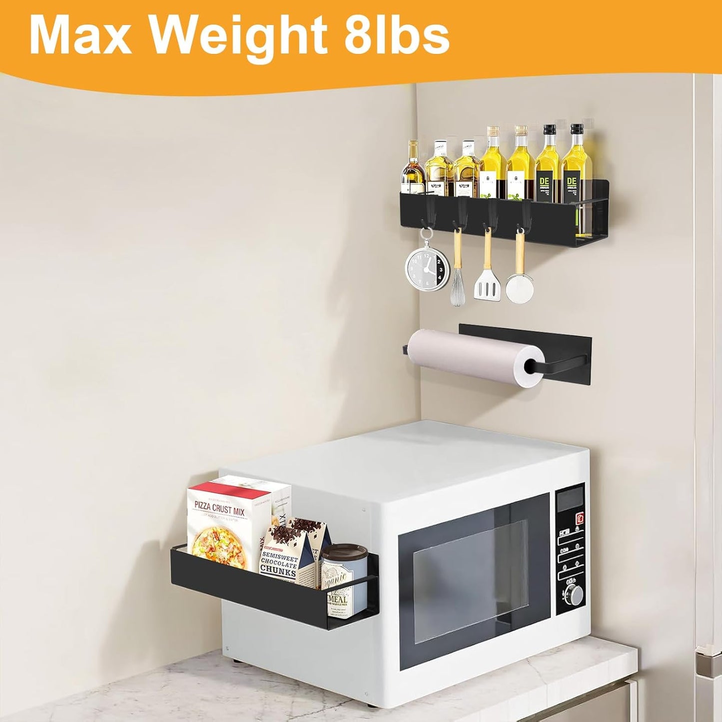 4 Pack Magnetic Spice Rack for Refrigerator,Metal Magnetic Shelf Black with Paper Towel Holder,Whiteboard,3 Markers,4 Hooks,Space Saving for Home,Kitchen