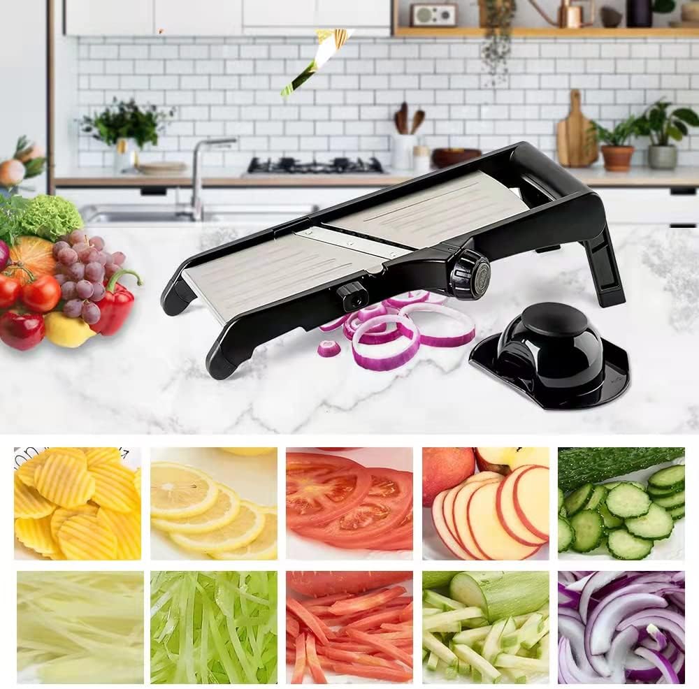 VEKAYA Mandoline Slicer for Kitchen, Stainless Steel Professional Vegetable Slicer with Adjustable Thickness, Ultra Sharp Blades, Safety Gloves & Food Holder, Ideal for Potatoes, Onions, Cucumbers