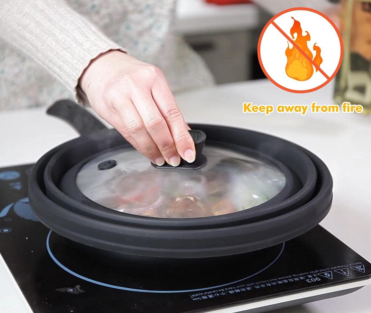 Microwave Splatter Cover Glass Cover Guard Lid with Collapsible Silicone for Food Pot Plate Cover 10.8 inch Black