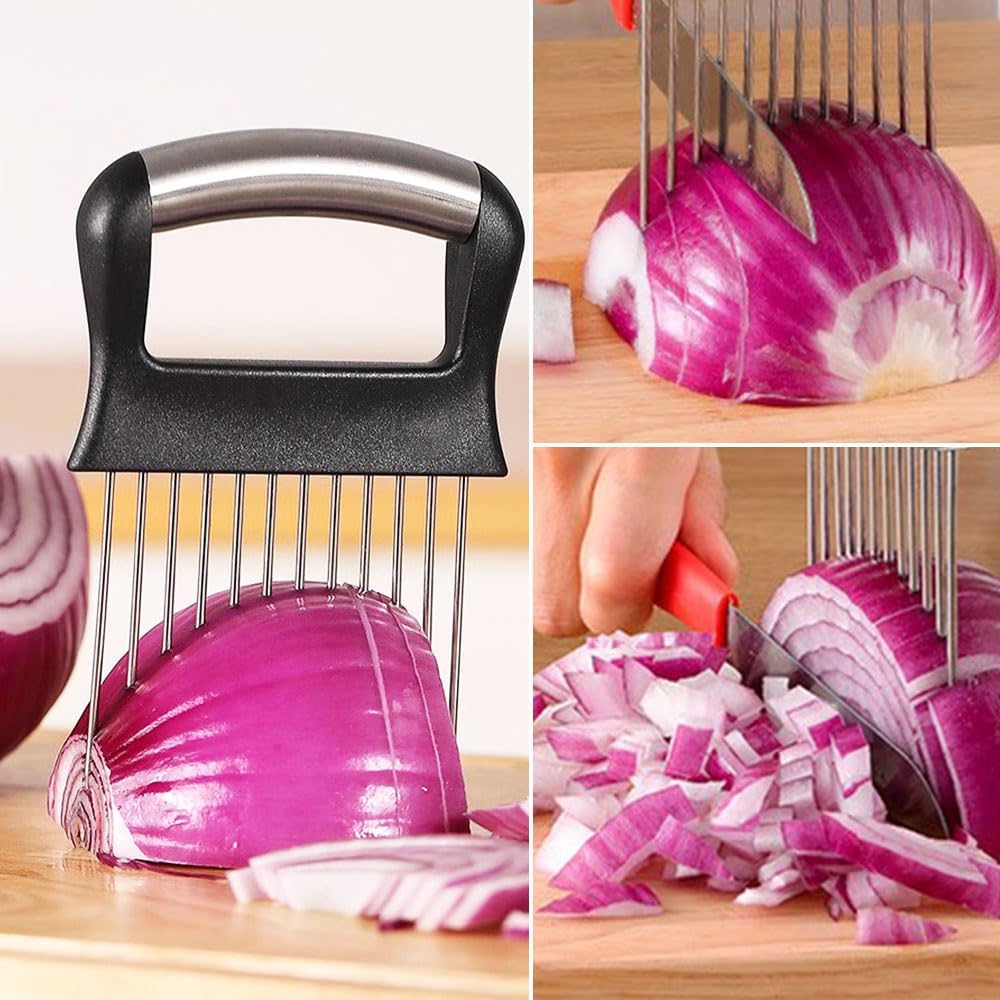 2025 New Onion Holder for Slicing, Stainless Steel Onion Slice Holder Vegetable Slicer Cutter for Potato and Tomato, Kitchen Chopper Slicing Assistant Tool Lemon Slicer Onion Cutter for Slicing (1PC)