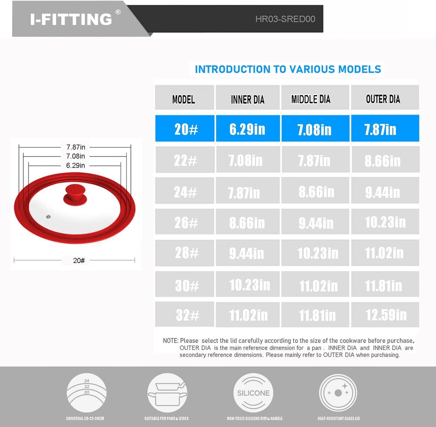 Universal Lid for Pot,Pan,Skillet Fits 6.5",7",8" Cookware Silicon lid Dishwasher Safe, Replacement Lid Vented Tempered Glass with Heat Resistant Silicone Rim By HR Huare Technology, Red,1 Pack