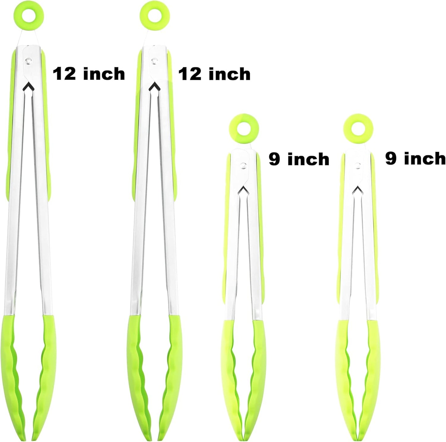4 Pack Green Kitchen Tongs, Premium Silicone BPA Free Non-Stick Stainless Steel BBQ Cooking Grilling Locking Food Tongs, 9-Inch & 12-Inch