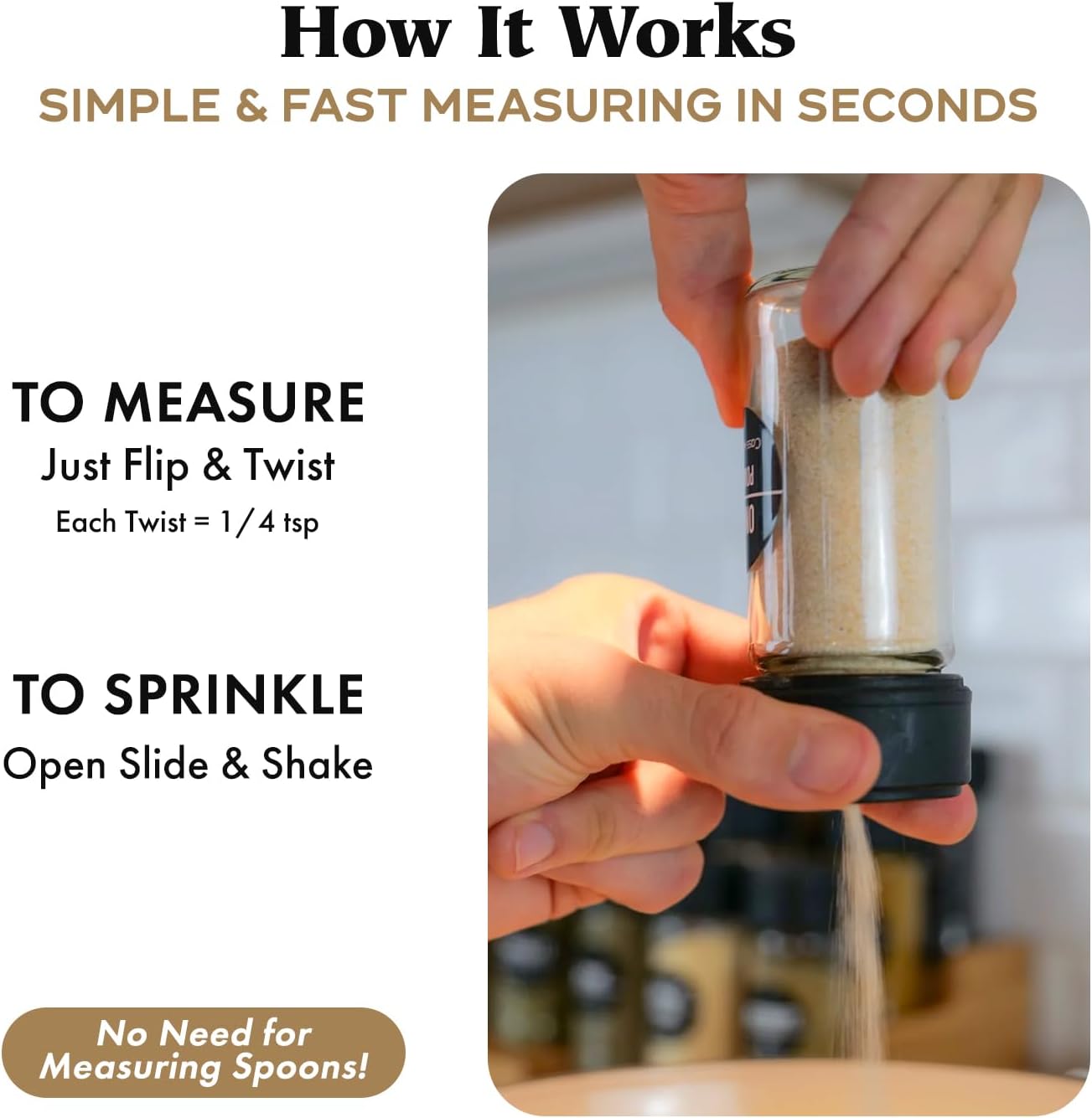 Glass Spice Jars & Measuring Cap Set - Twist to Dispense 1/4 Tsp Per Turn for Precise Cooking - Spice Jars with Lids Keep Kitchen Organized & Tidy - Enjoy Round Spice Jar Without Mess -1 Pack