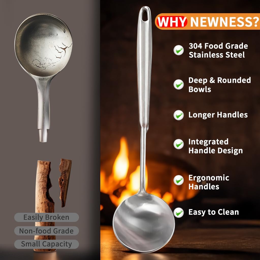Deep Stainless Steel 13.7 Inches Newness Soup Ladle,[Rustproof, Heat Resistance, Integral Forming]Resilient 304 Stainless Steel Soup Spoon with Vacuum Ergonomic Round Handle, Cooking Spoon for Kitchen