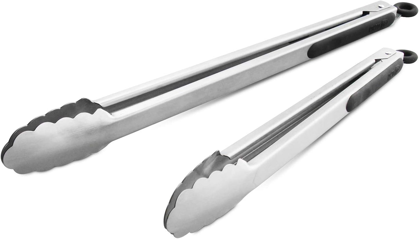 304 Stainless Steel Kitchen Cooking Tongs, 12" and 14" Set of 2 Sturdy Grilling Barbeque Brushed Locking Food Tongs with Ergonomic Grip, Black
