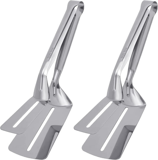 Steak Clamps, 3-in-1 Cooking Tong, Double Sided Spatula, 10 inch Multifunctional Stainless Steel Food Flipping Spatula Tongs Clip for Beefsteak Bread Hamburger BBQ Meats Pizza Pies Bread Fish (2 Pack)