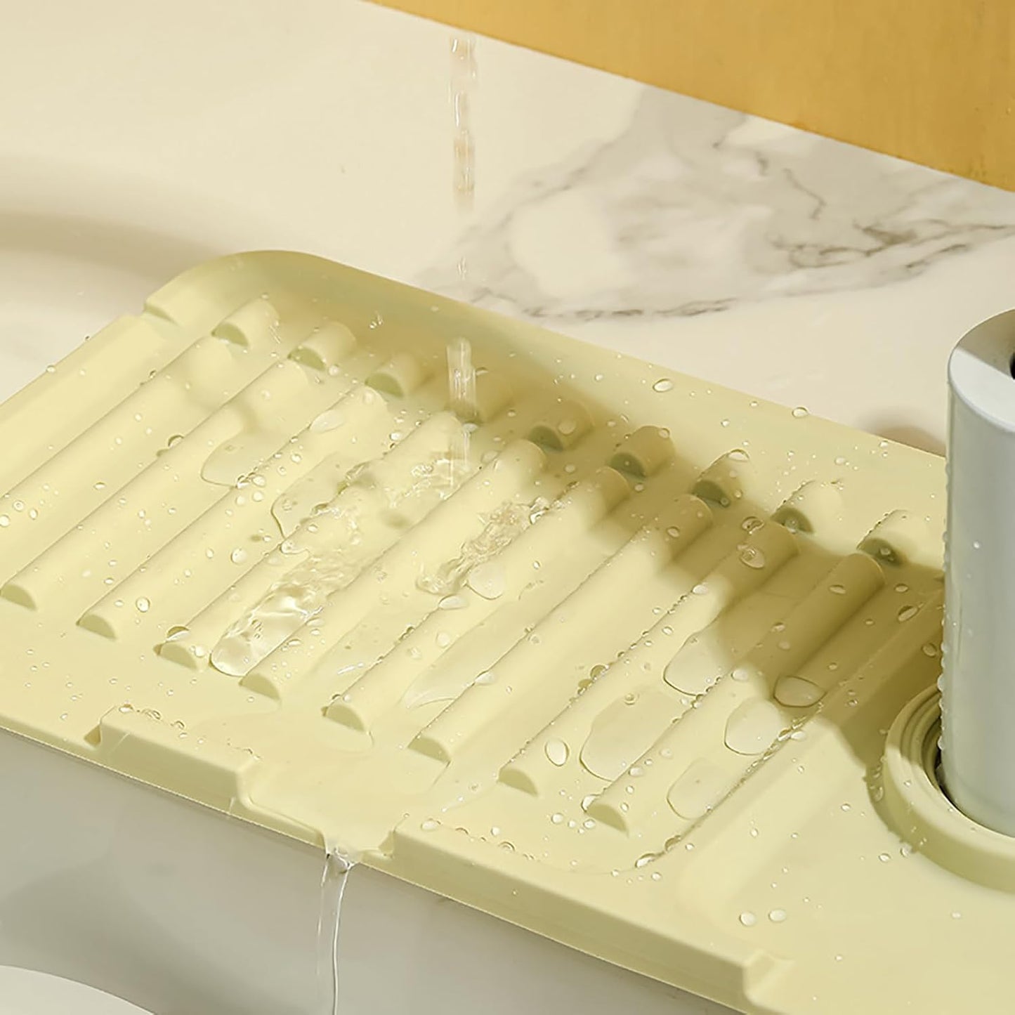 Faucet Mat for Kitchen Sink - 2024 Upgraded Premium Silicone Splash Guard with Fast Drying Properties - Protective Sink Tray Ideal for Stone Sinks in Kitchen & Bathroom (2, Yellow)