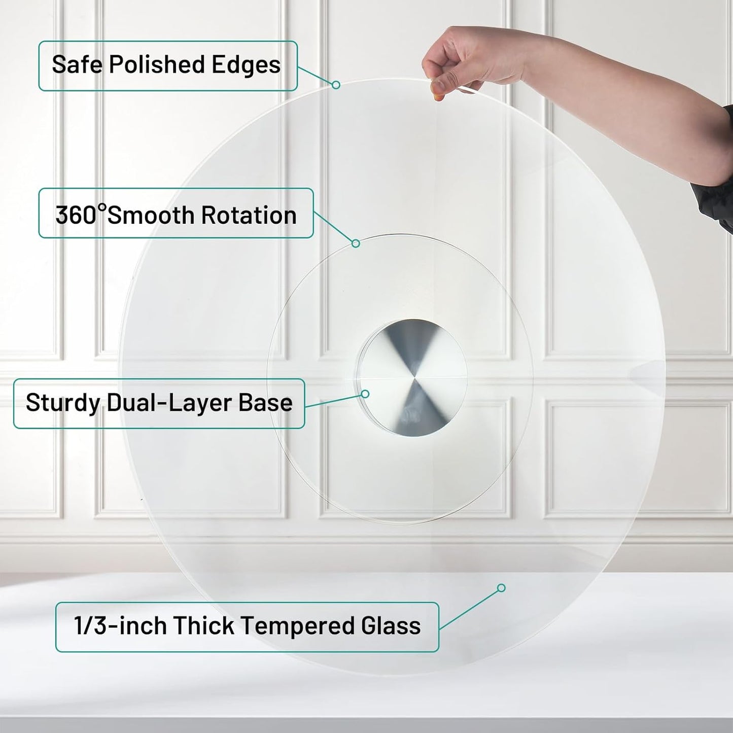 30-Inch Lazy Susan Turntable for Dining Table, Tempered Glass, 360° Rotation, Anti-Tip Design with 6 Rotating Wheels, Perfect for Parties, Weddings, and Family Dinners (30 inch)