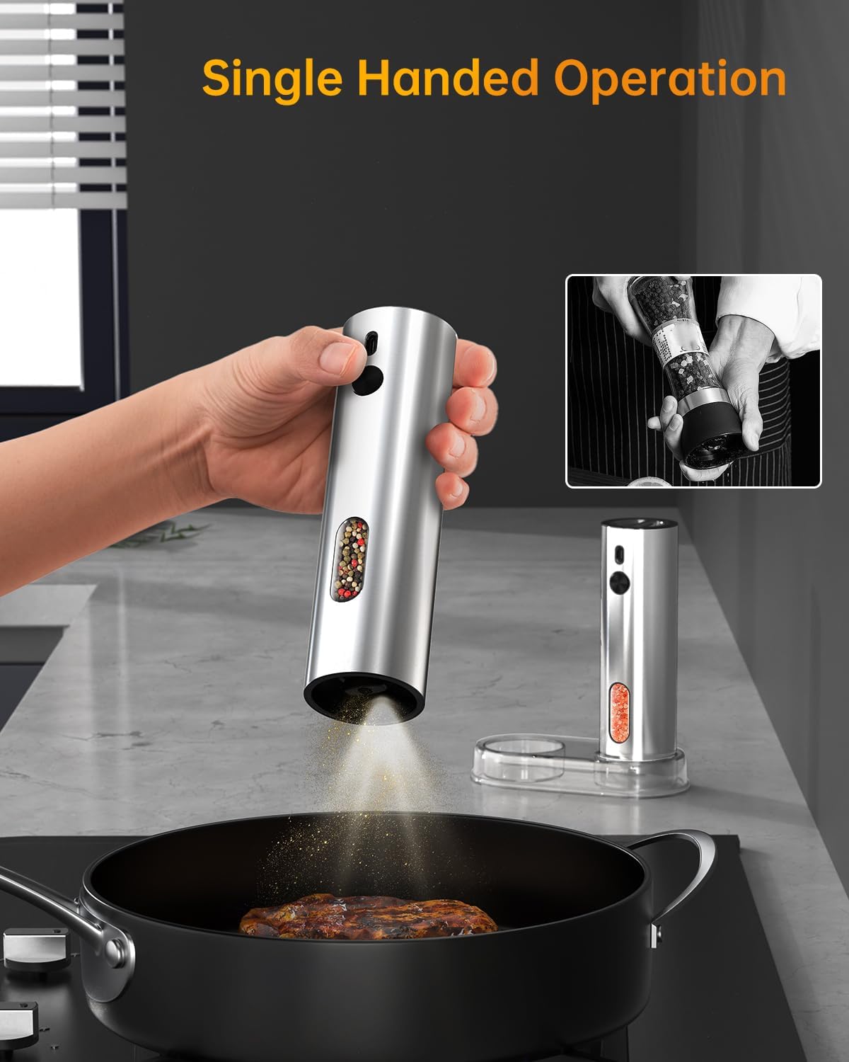 CIRCLE JOY Rechargeable Electric Salt and Pepper Grinder Set with Base, Automatic Stainless Steel Pepper Mill Grinders with 110ml Container, Adjustable Coarseness and White LED Light, Silver