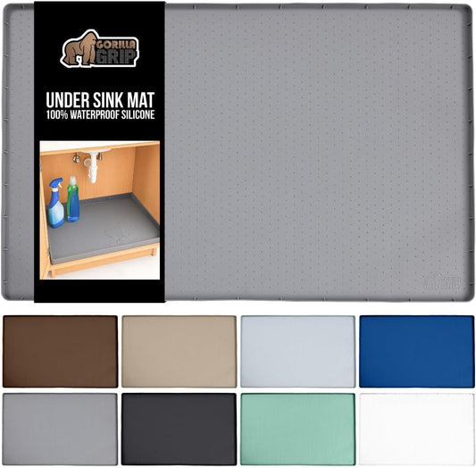 GORILLA GRIP Waterproof Silicone Under Sink Mat with Raised Lip for Kitchen and Bathroom, 28 x 22 in, Cabinet Shelf Liner Stay in Place Mats Dishwasher Safe Drawer Liner, Organizer Tray, Gray