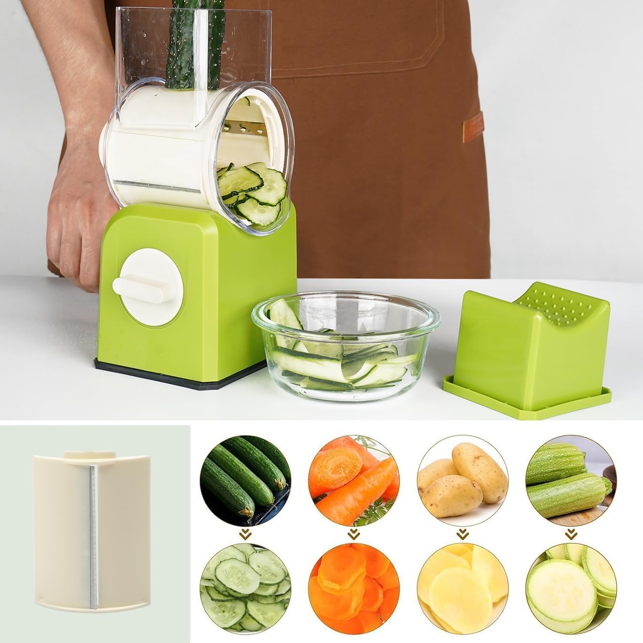 3 in 1 Cheese Grater, Rotary Cheese Grater with Handle for kitchen, Vegetable Slicer with 3 Replaceable Stainless Steel Blades,Peeler and Rubber Gloves (Green)