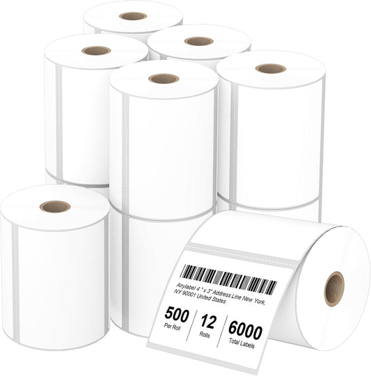 4" x 3" Direct Thermal Labels, Thermal Printer Labels for Shipping Address Barcodes, Thermal Stickers Compatible with Zebra, Rollo, Munbyn Thermal Labels Printers (12 Rolls, 500 Labels/Roll)