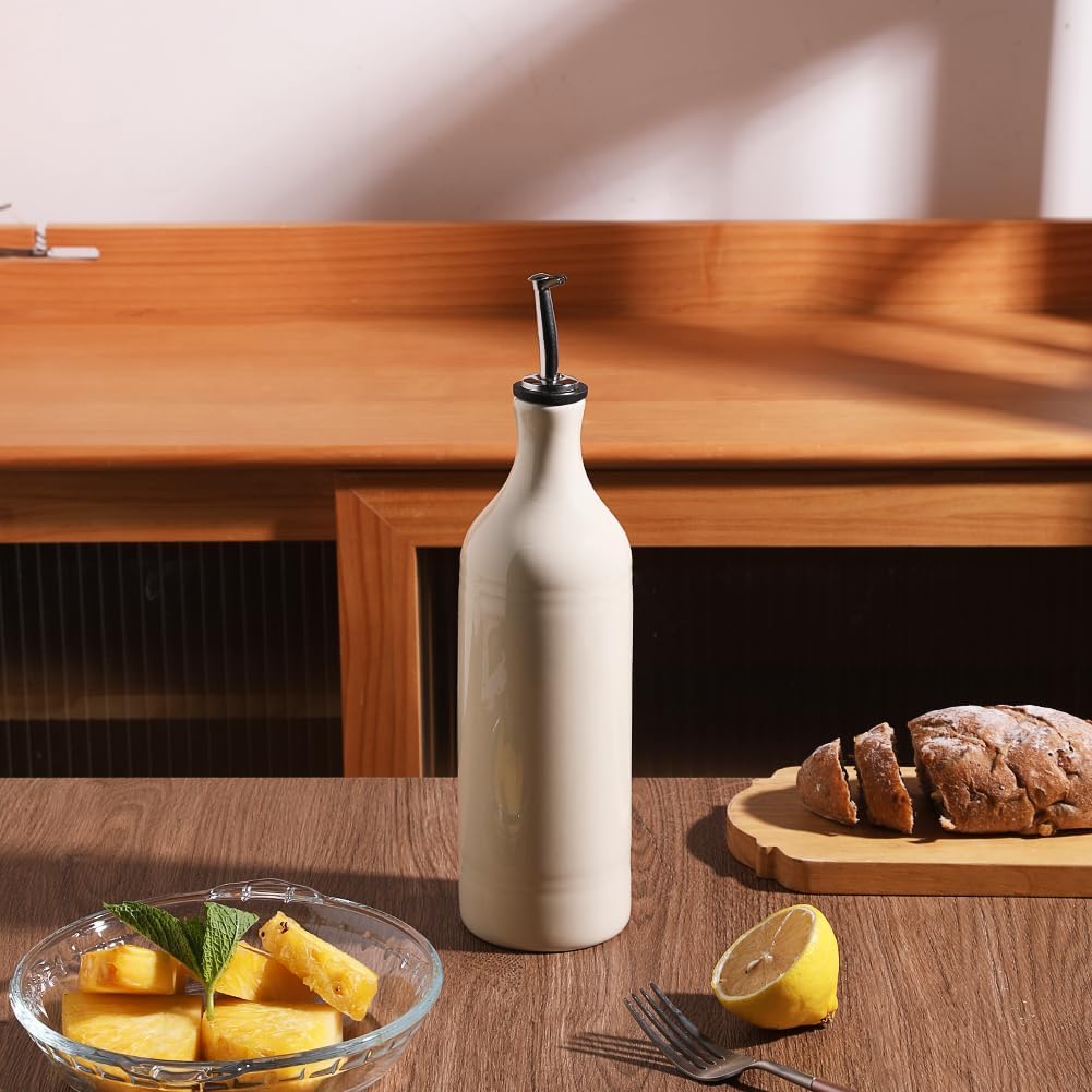 Sweejar Large Ceramic Olive Oil Dispenser Bottle, Opaque Oil Cruet Protects Oil to Reduce Oxidation, Storage Oil, Vinegar, Soy Sauce & Other Liquids, Pack of 1, 24 Fl Oz (Beige)