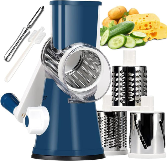 KEOUKE Rotary Cheese Grater with Handle - 3 Changeable Blades for Cheese, Vegetables, Nuts - Blue