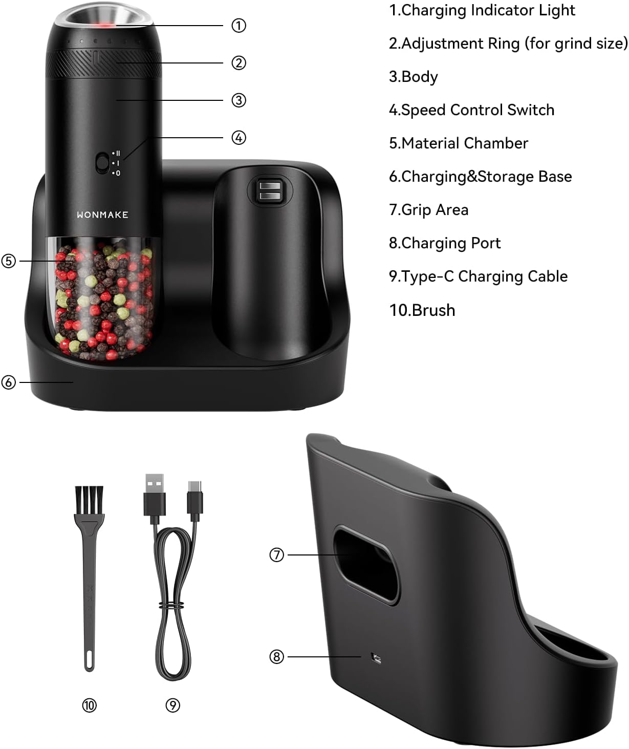 WONMAKE Gravity Electric Salt and Pepper Grinder Set with Charging Base, Automatic Salt and Pepper Mill, 6-Level Adjustable Coarseness, Dual Speed, and Large 5.95oz Capacity