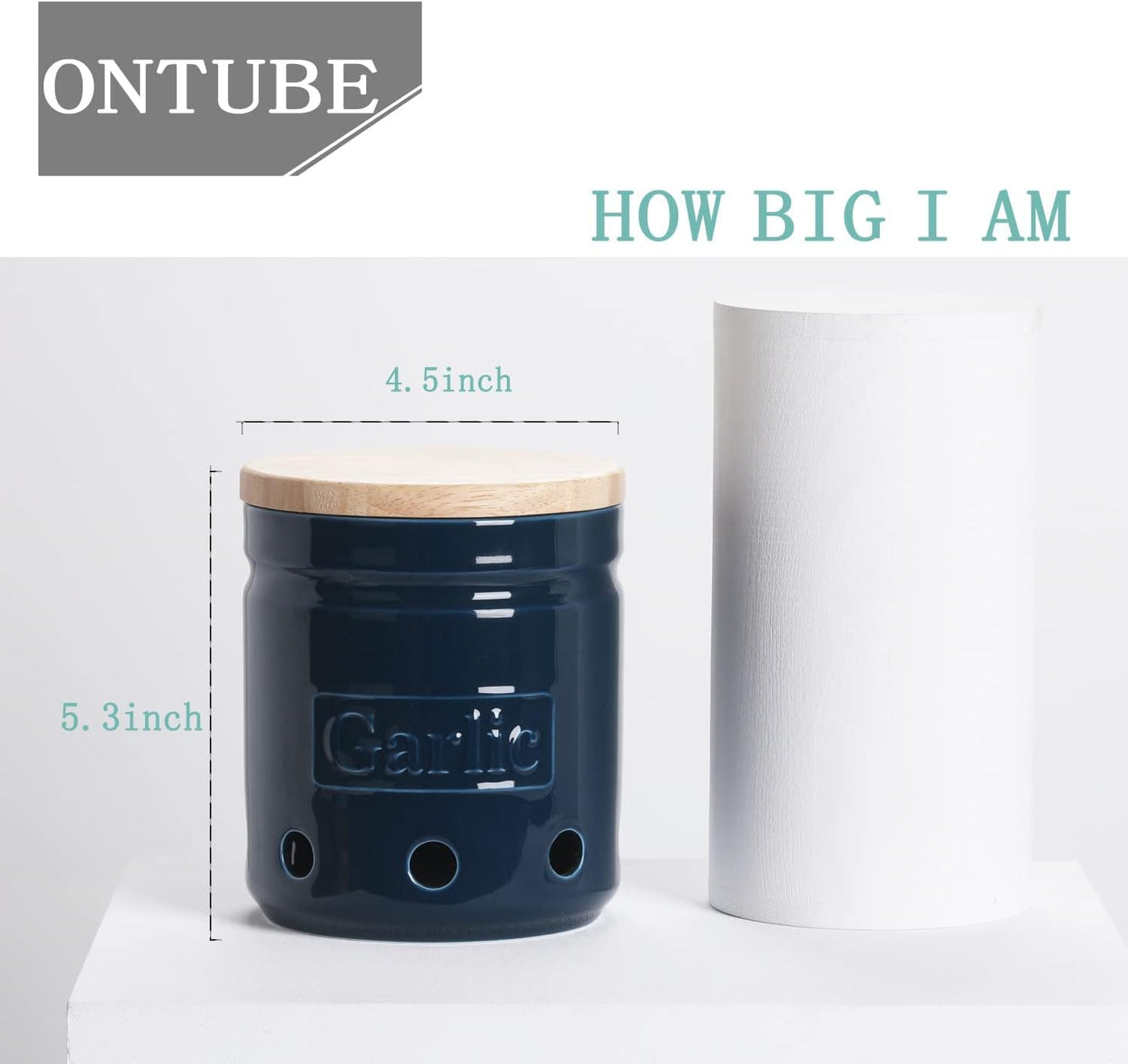 Large Garlic Keeper with Wooden Lid, Ceramic Garlic Holder Storage, Garlic Container for Kitchen, Garlic Saver to Keep Your Garlic Cloves Fresh Longer 4.5-Inch, Navy