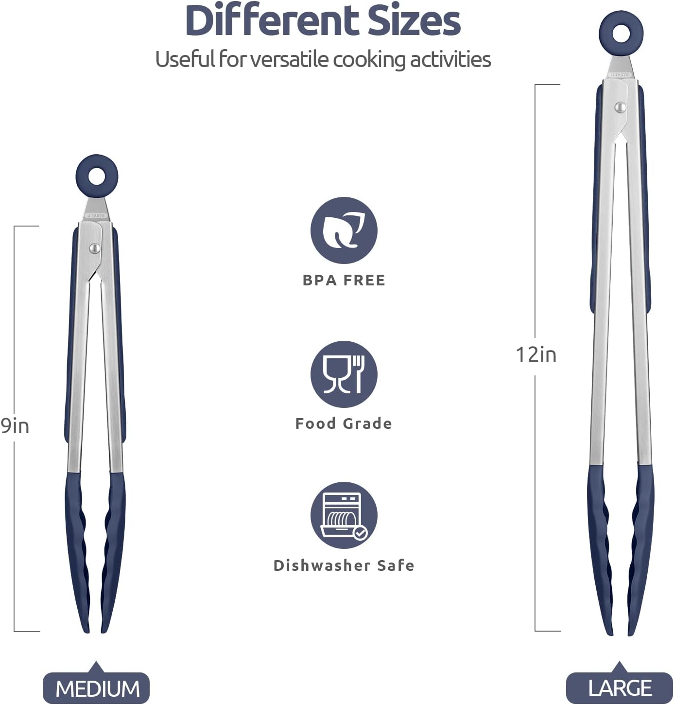 600ºF Heat Resistant Kitchen Tongs: U-Taste 9+12 inch Silicone Cooking Tong Set with Firm Sealed Non Stick Rubber Tips and Silicon Coated 18/8 Stainless Steel Handle for Serving Grilling-Midnight Blue