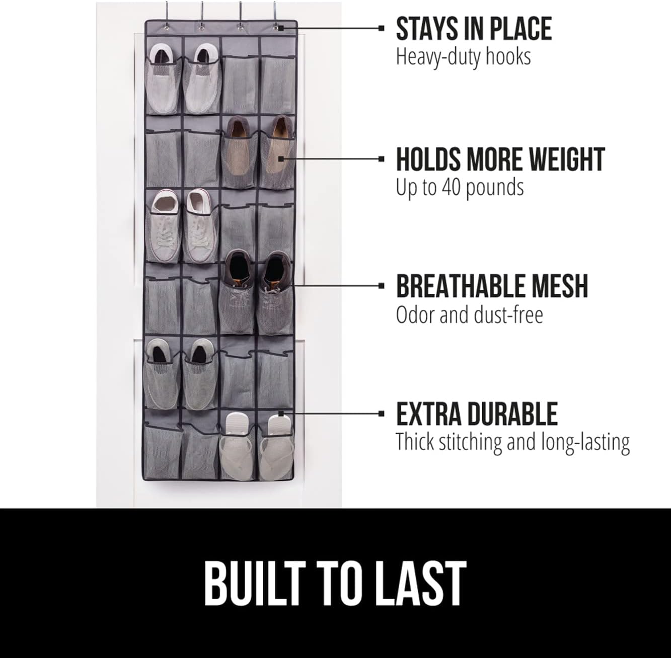 GORILLA GRIP Over the Door Shoe Organizer, 2 Pack, 24 Breathable Mesh Pockets, Space Saving Hanging Storage Holder, Closet Rack Hanger Holds Up to 40 lbs, Hangs on Closets, Shoes, Accessories, Gray