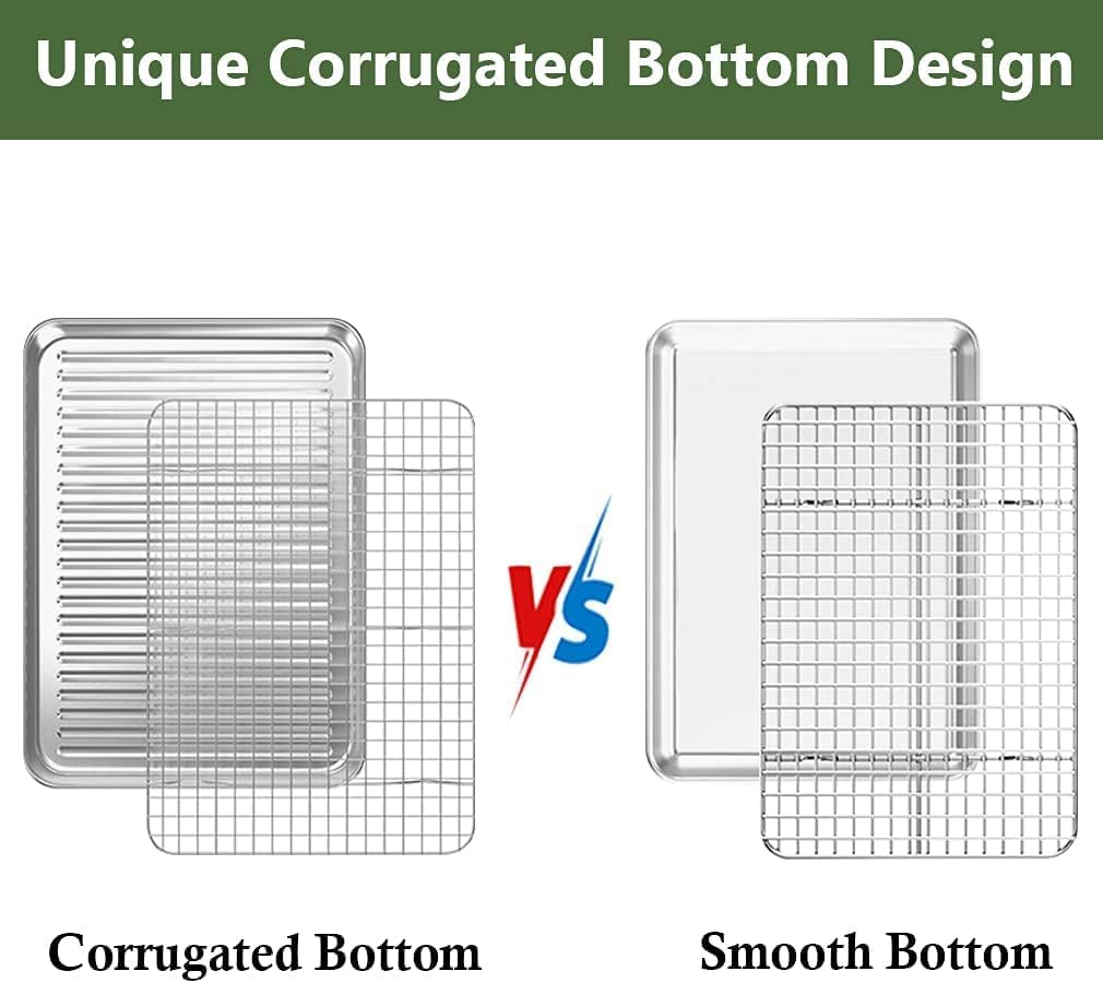 ROTTAY Quarter Baking Sheet Pan with Wire Rack Set [2 Pans + 2 Racks], Stainless Steel Cookie Sheet for Oven, Warp Resistant & Heavy Duty & Rust Free, Size 12 x 10 x 1 Inches