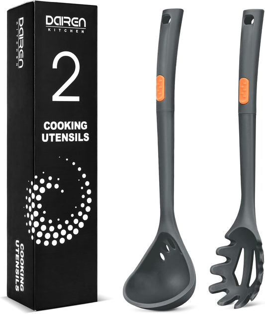 Silicone Pasta Fork and Ladle Spoon Set, Large Non Stick Kitchen Utensils for Cooking,Stirring,One Piece Serving Spaghetti, Soup, Sauce (GREY)
