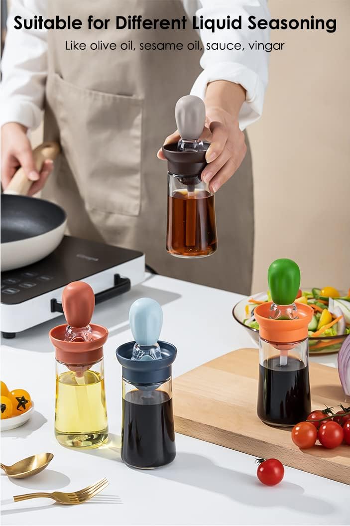 Oil Dispenser with Brush - 2 Pack Glass Olive Oil Dispenser Bottle with Basting Brush for Cooking Frying Baking Kitchen 180ml, T-OB21 Blue