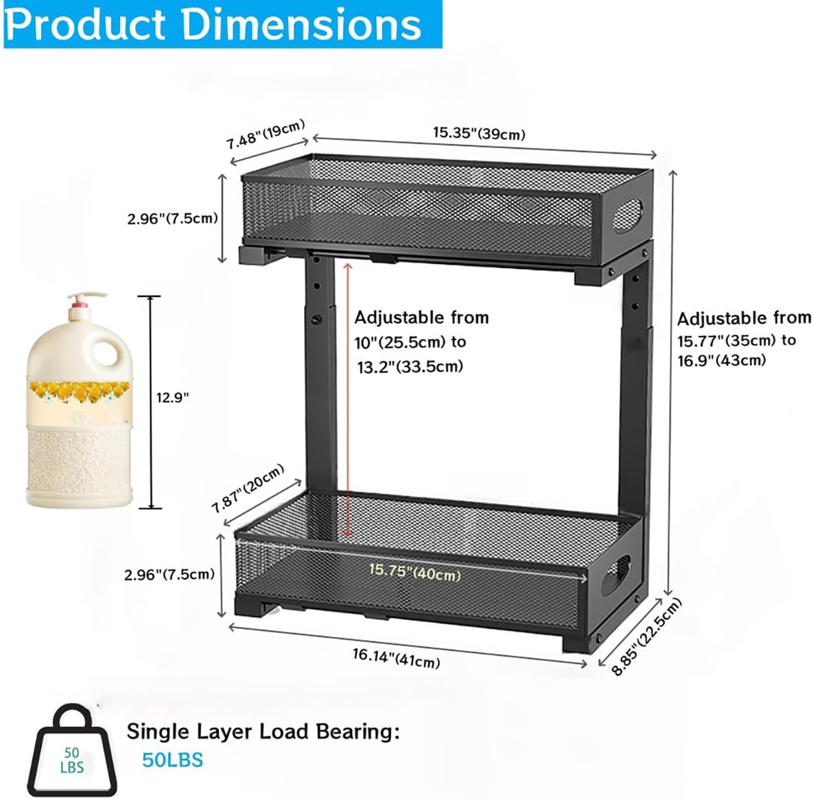 2-pack under sink organizer, 2-tier under sink organizer and storage, slide-out pull-out cabinet organizer with mesh metal sliding drawer for home kitchens, bathrooms, pantries (Black)