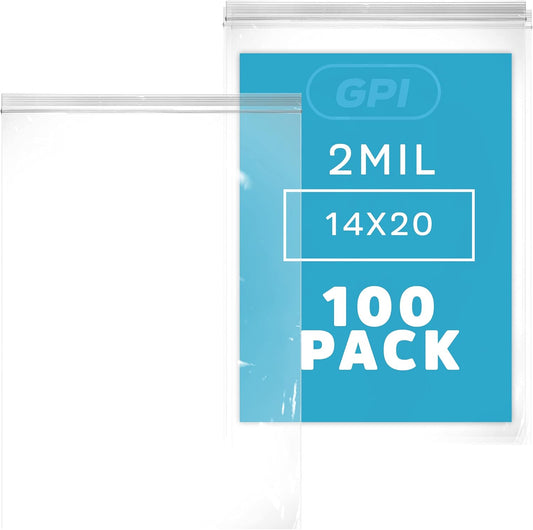 GPI Pack of 100, 14" x 20" Clear Plastic RECLOSABLE Zip Bags - Bulk 2 mil Thick Strong & Durable Poly Baggies with Resealable Zip Top Lock for Travel, Storage, Packaging & Shipping
