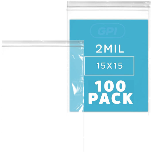 GPI - 15" x 15", Pack of 100, Clear Plastic Reclosable Zip Bags, Large, Bulk 2 mil Thick Strong & Durable Poly Baggies with Resealable Zip Top Lock for Travel, Storage, Packaging & Shipping.