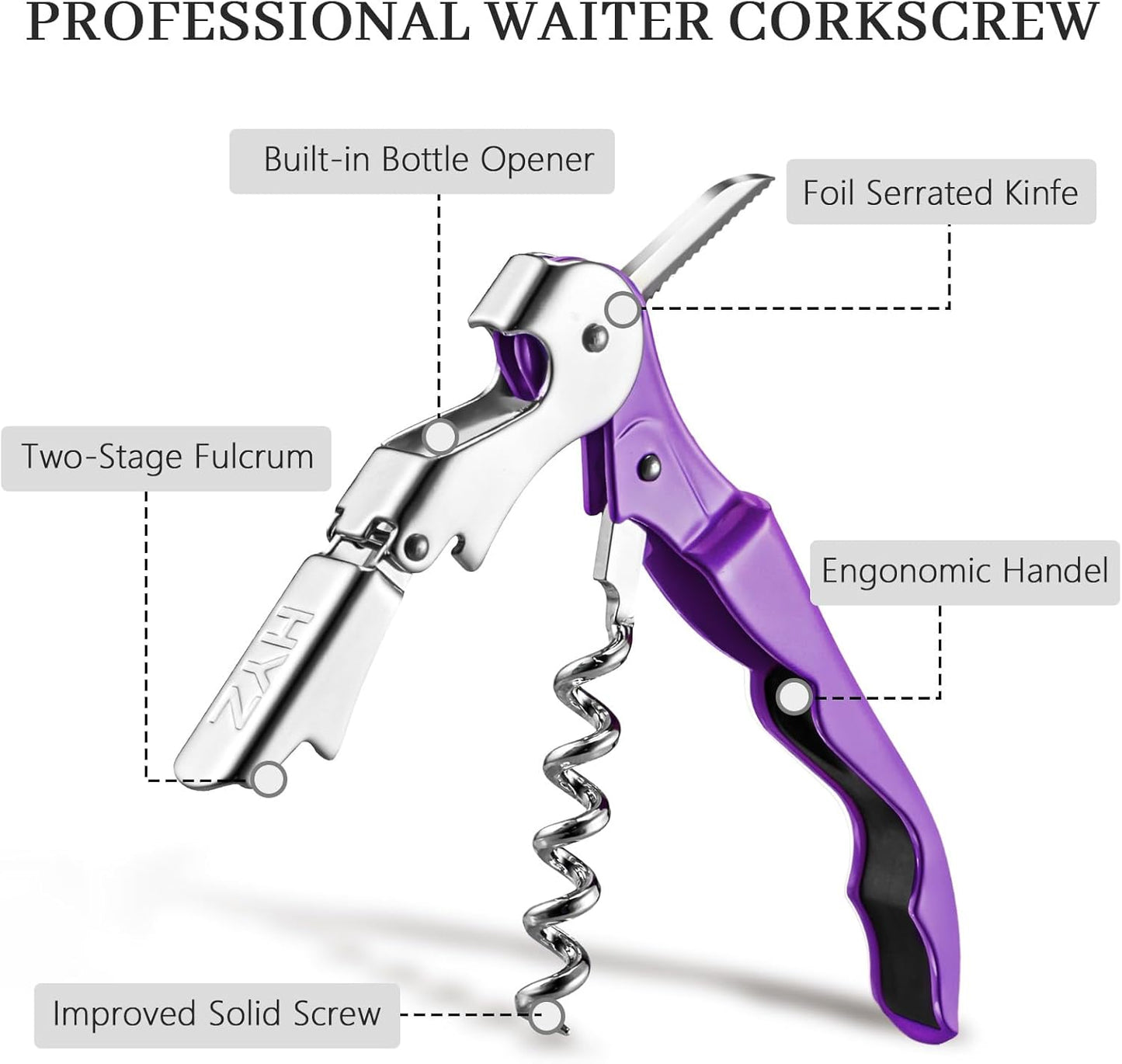HYZ 2-Pack Wine Opener Waiter Corkscrew, Professional Wine Key for Servers, Bartender with Foil Cutter, Manual Wine Bottle Opener Double Hinged (Dark Purple)