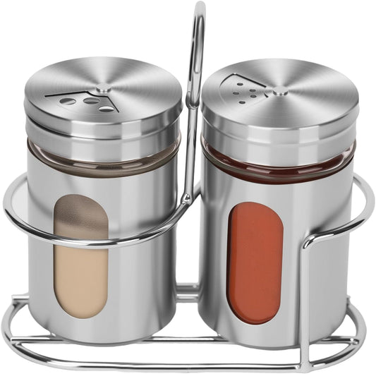 Glass Salt and Pepper Shaker Set with Seasoning Rack, Spice Rack, Adjustable Pour Hole Stainless Steel Lid, 2.8 oz, Spice Dispenser for Salt, Pepper, Spice Preservation (silver)