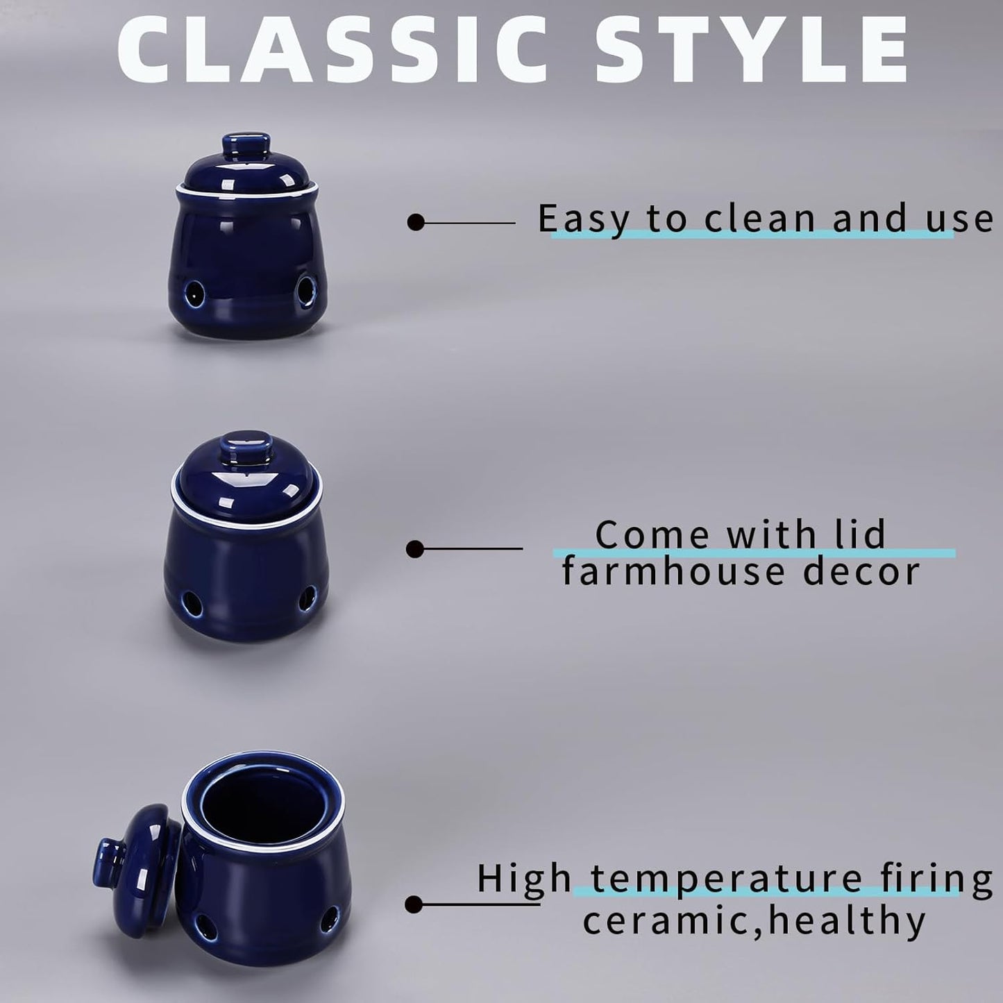 HAOTOP Ceramic Mini Garlic Keeper with Lid, Garlic Container Saver for Countertop, Keep Your Garlic Cloves Fresh (Navy)