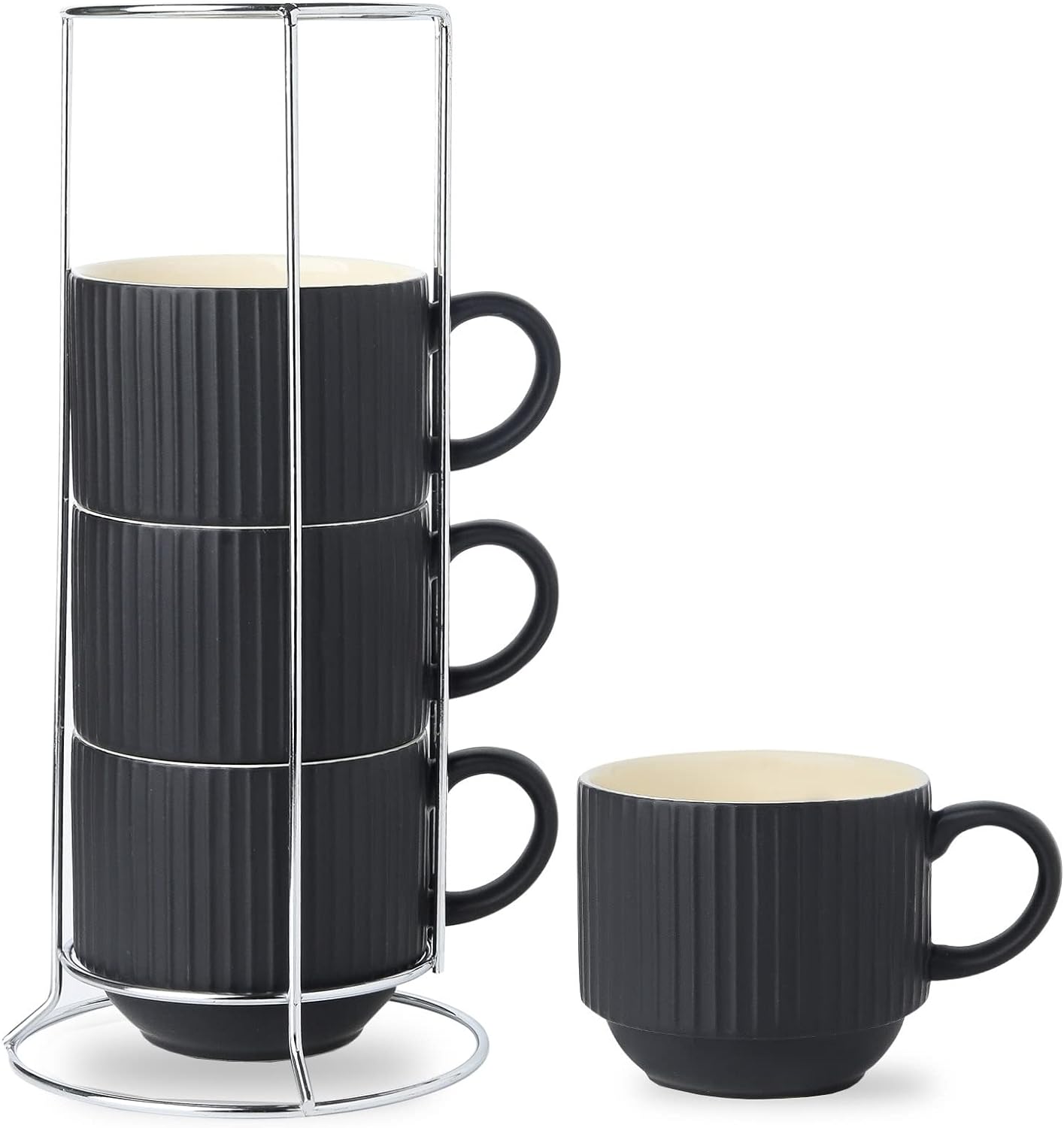 Hasense Coffee Mug Ceramic Set of 4 with Stand - 15 oz Stackable Large Porcelain Ribbed Latte Cup Set for Cappuccino, Tea, Hot Cocoa, Drinks - Dishwasher & Microwave Safe, Black