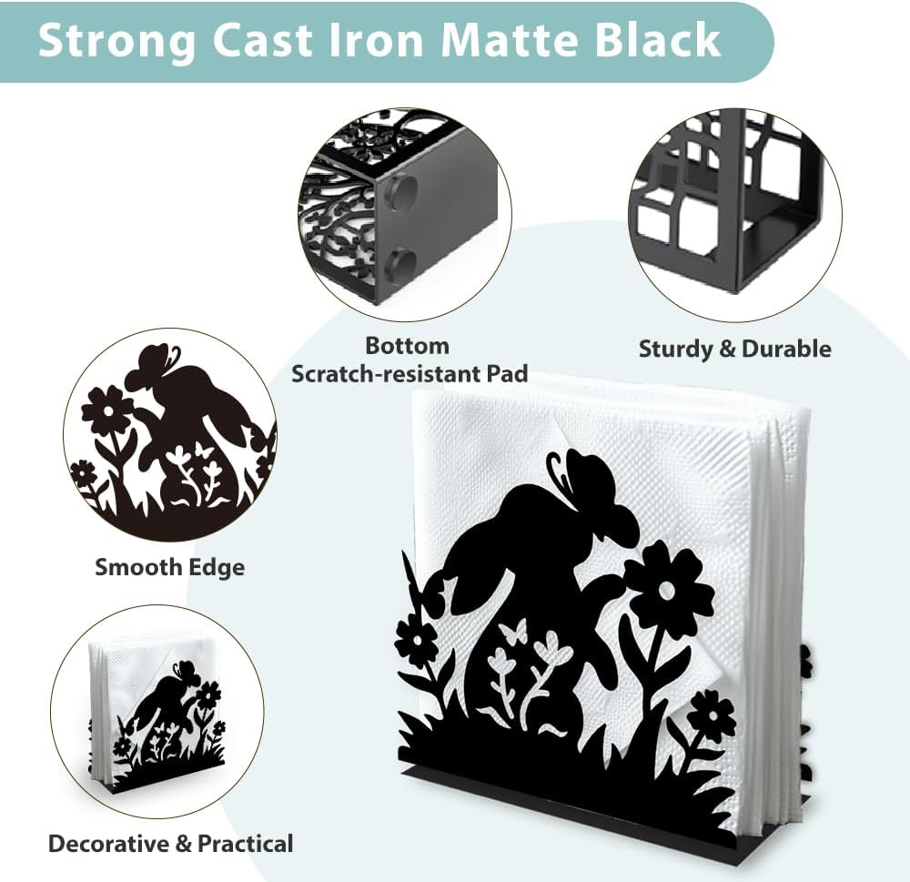 Rabbit Flower Decorative Black Metal Napkin Holder for Table, 5.3" x 4.9" x 1.9" Bunny Butterfly Animal Standing Napkin Holder for Home Kitchen Restaurant Picnic Party Coffee Bar Dining Room