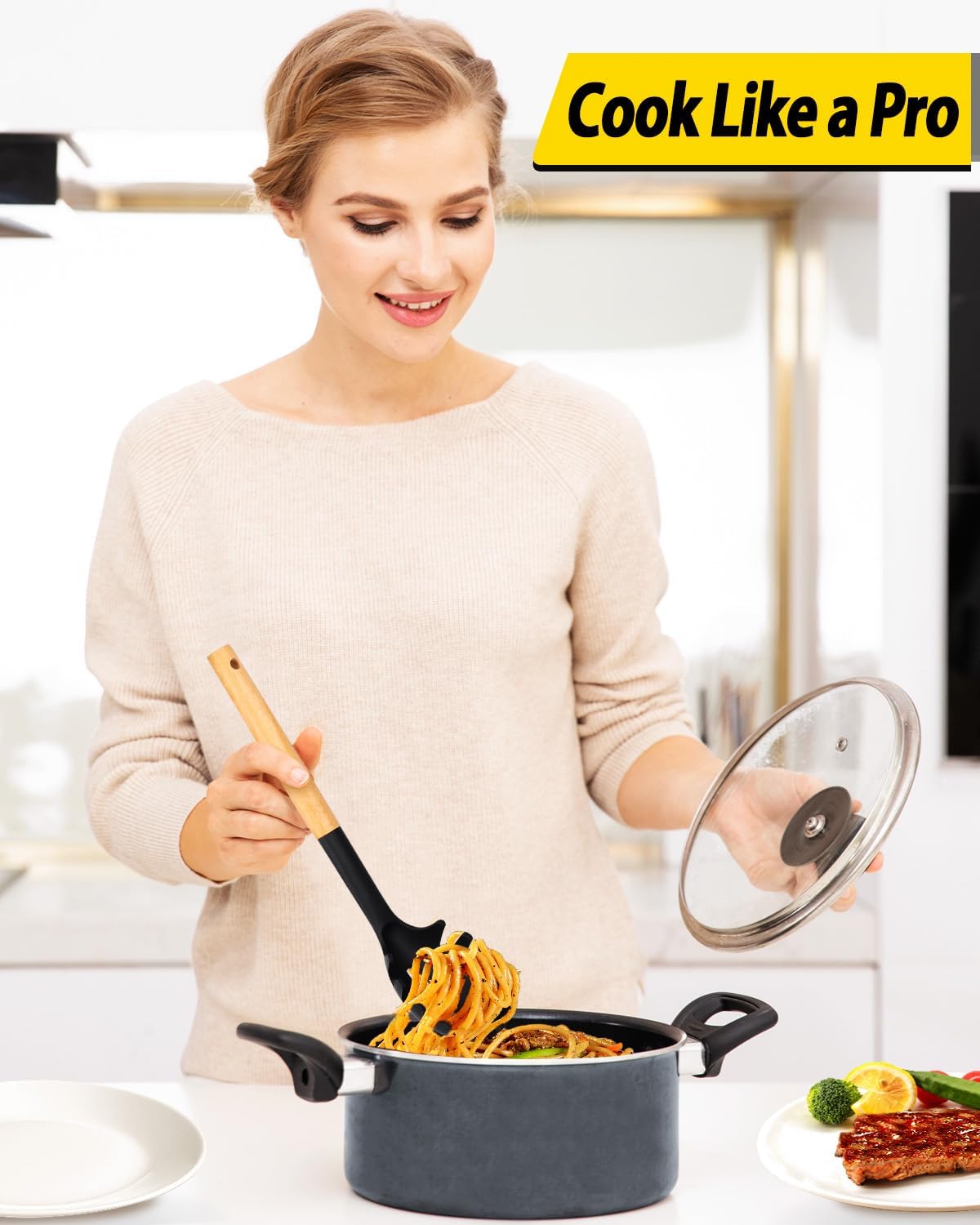 Pack of 2 Spaghetti Spoon, Silicone Pasta Fork with Wooden Handle, Heat Resistant Noodle Spoon Server, BPA Free Spaghetti Strainer(BLACK-WHITE)