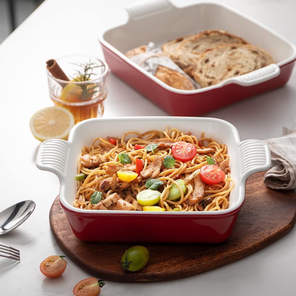 Sweejar Ceramic Baking Dish, 8 x 8 Cake Baking Pan for Brownie, Porcelain Square Bakeware with Double Handle for Casserole, Lasagna, Family Dinner (Red)