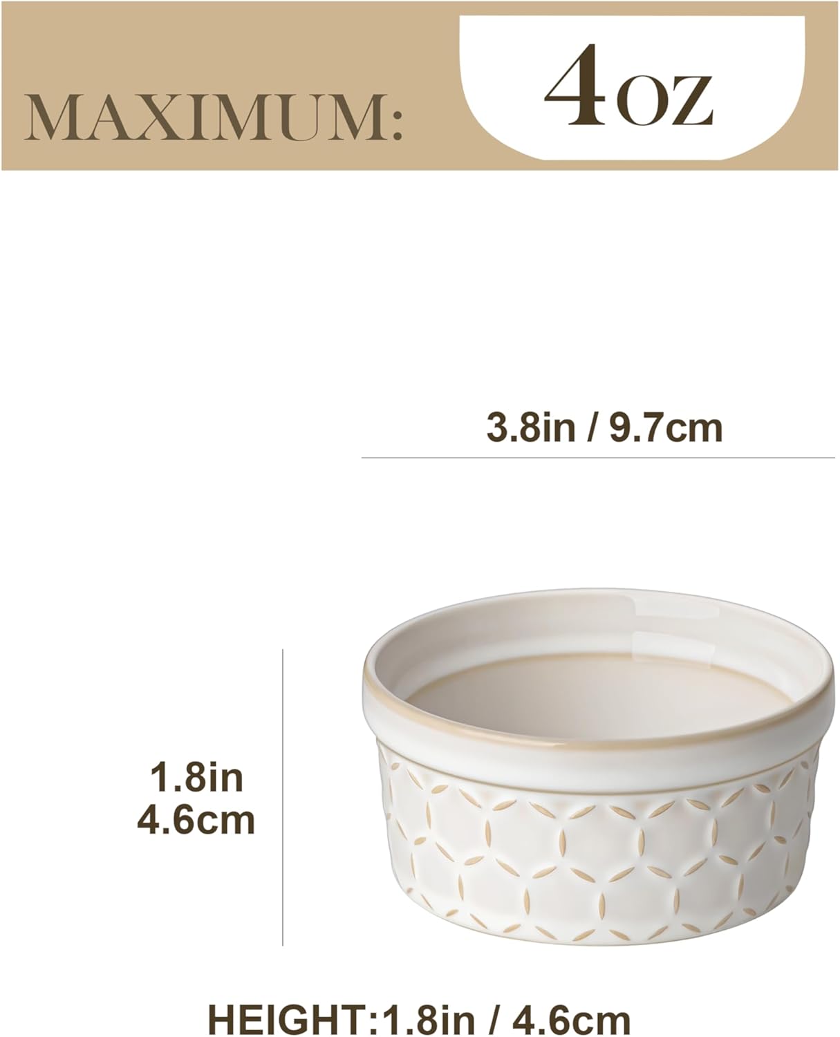 MALACASA Ramekins 4 Oz Oven Safe, Ceramic Creme Brulee Souffle Dishes, Pudding Custard Cups Ramekin For Baking, Small Dipping Sauce Bowls, Set of 4, Microwave and Dishwasher Safe, Arctic White