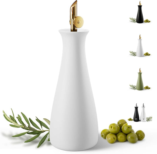 Ceramic Olive Oil Dispenser with Self-Closing Gold Spout - 530 ML Capacity Matte White Ceramic Oil Dispenser for Kitchen - Leak Proof EVOO Dispensing Bottle - Stylish, Ergonomic, Durable, Easy Pour