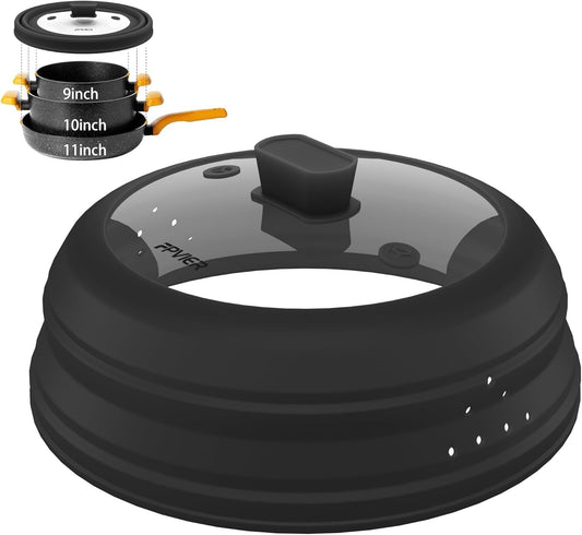 Microwave Splatter Cover, Collapsible Silicone Microwave Plate Cover with Glass for Food Splatter Guard Lid 11.8 inch Black