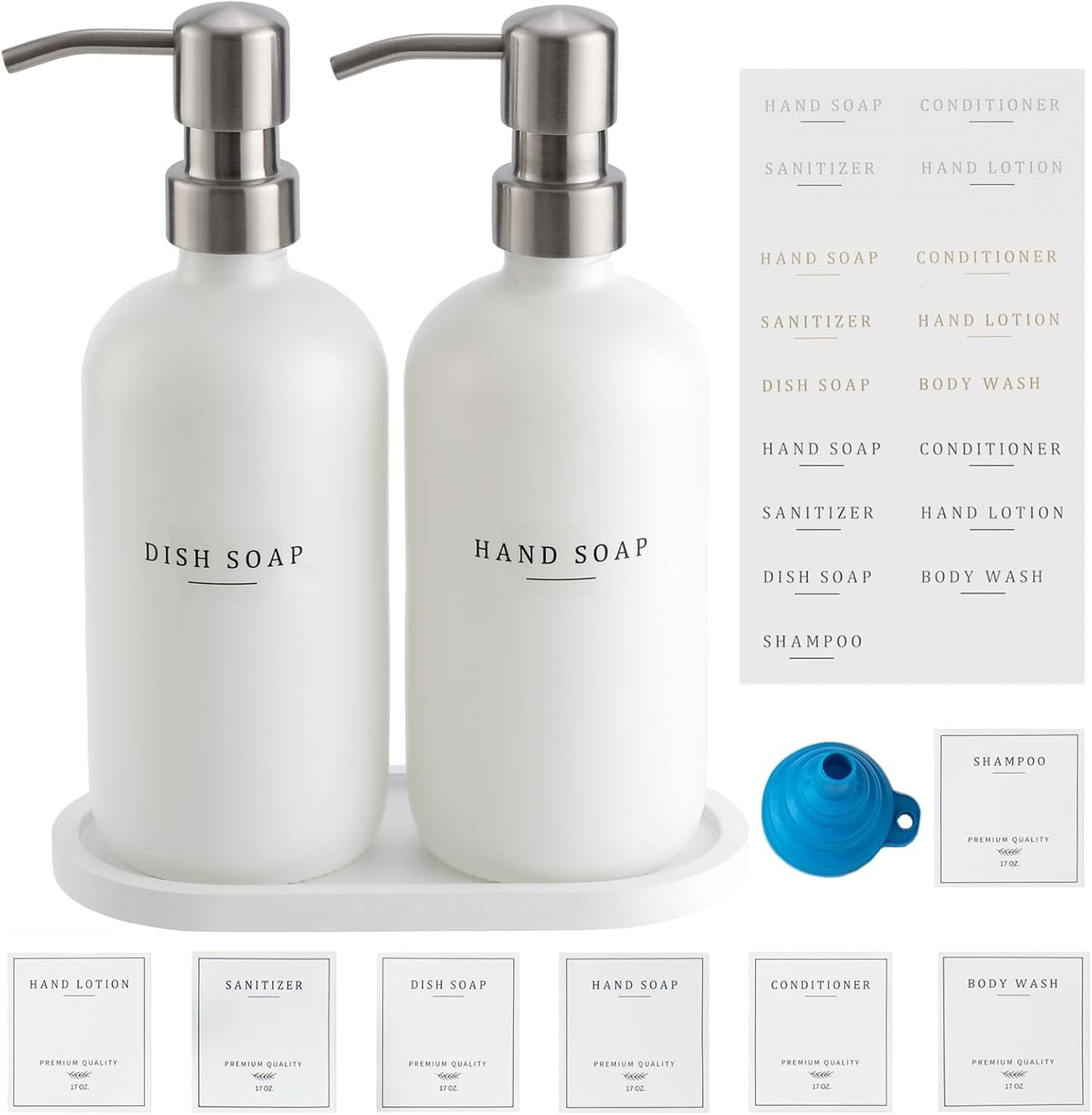 Glass Soap Dispenser - Dish Soap Dispenser for Kitchen and Hand Soap Dispenser Set, Bathroom Soap Dispenser with 304 Rust Proof Pump, Soap Dispenser for Kitchen with Tray, White Bottle/Silver Pump